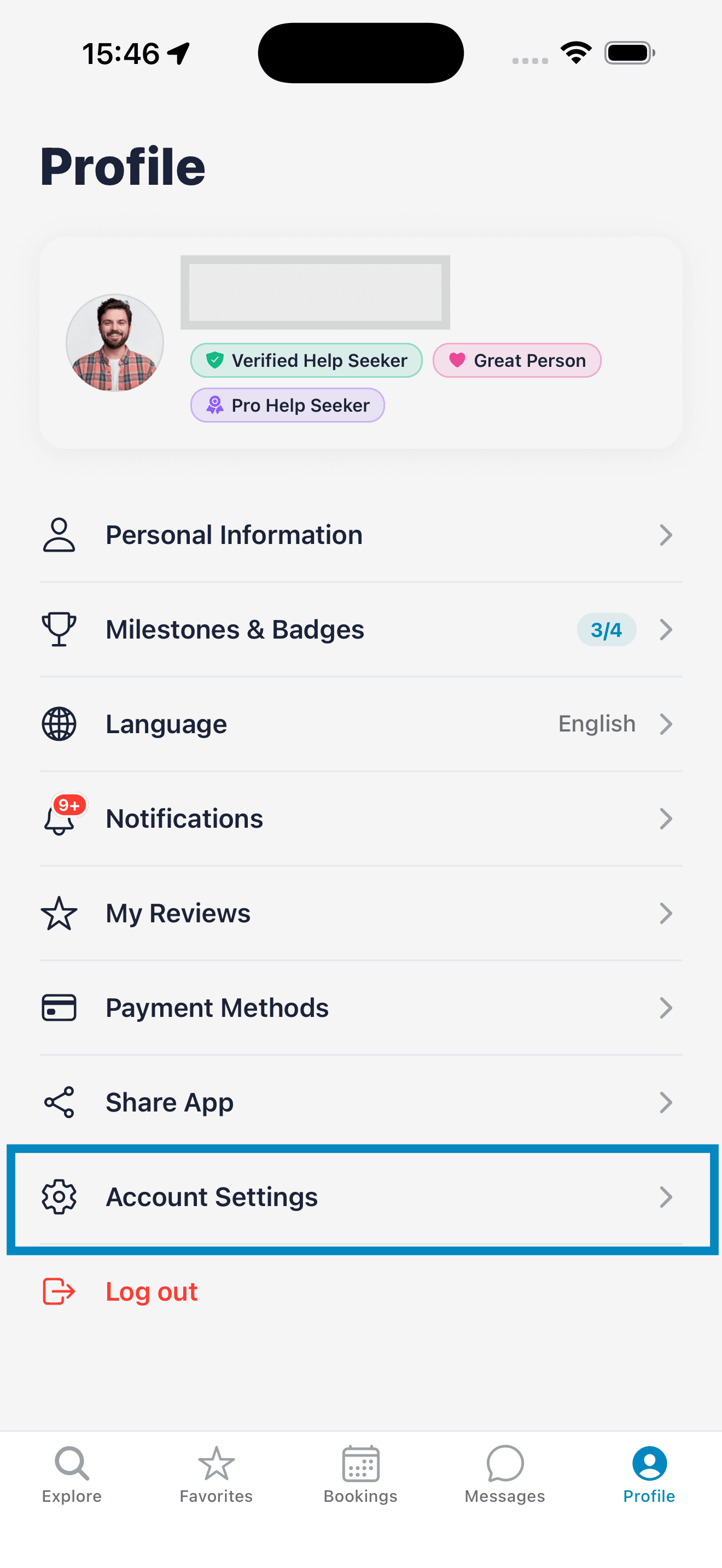 Ayudame Profile screen with Account Settings highlighted