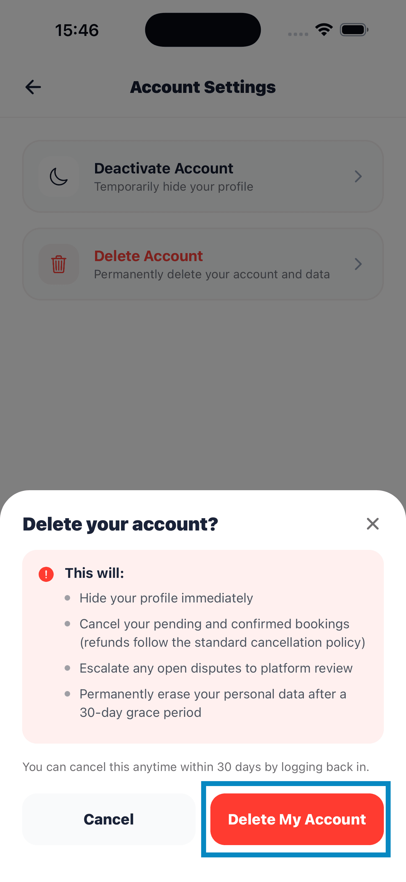 Delete your account confirmation with the Delete My Account button highlighted