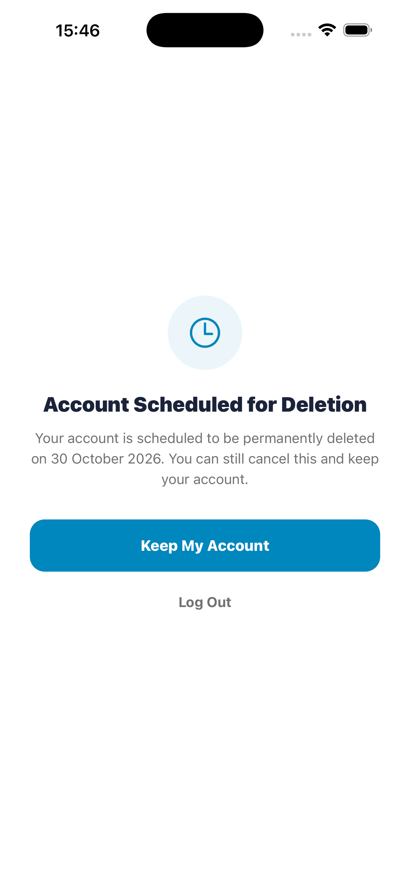 Account Scheduled for Deletion screen with a Keep My Account button